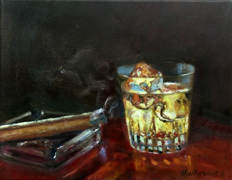 792x615 Scotch On The Rocks With Cigar 9 12 In. Oil On Canvas By Artist - Cigar Painting