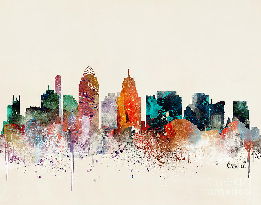 900x707 Cincinnati Skyline Painting By Bleu Bri - Cincinnati Skyline Painting
