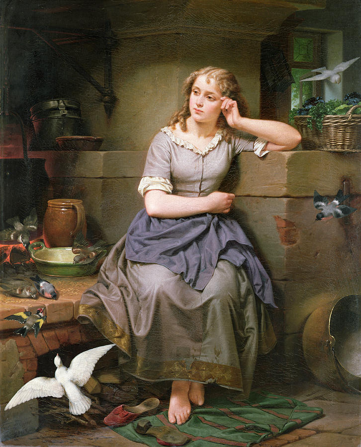 726x900 Cinderella And The Birds Painting By English School - Cinderella Painting