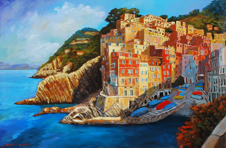 900x589 Riomaggiore Cinqueterre Painting By Santo De Vita - Cinque Terre Painting