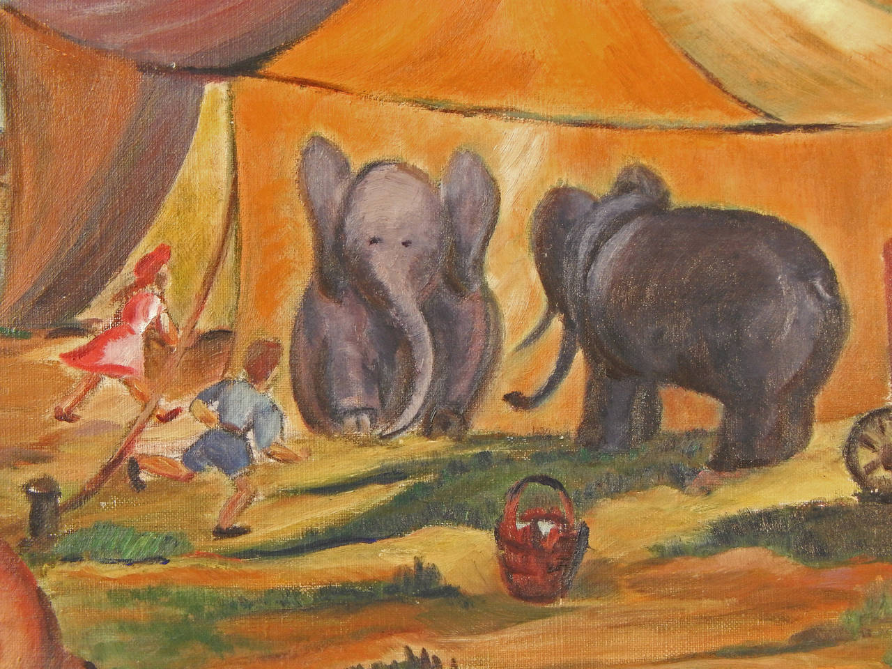 1280x960 Circus Is In Town, Superb Social Realist Painting By Anne Walker - Circus Elephant Painting