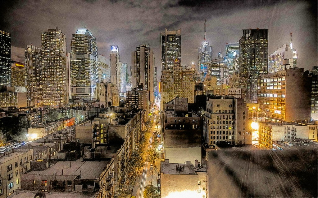 1024x640 New York City At Night Wide By T Douglas Painting - City At Night Painting