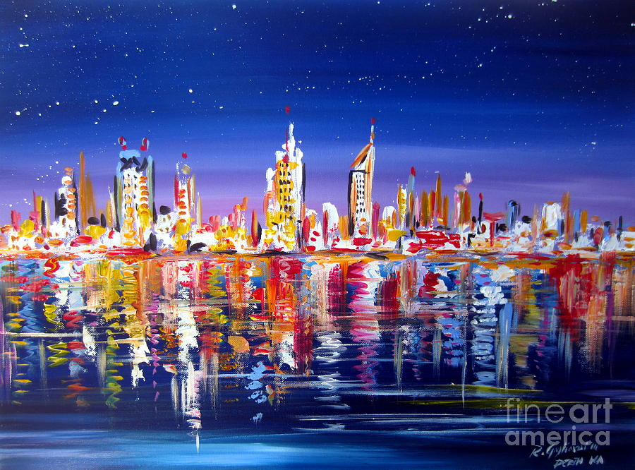 900x666 Perth City Skyline By Night By The Swan River Western Australia - City At Night Painting