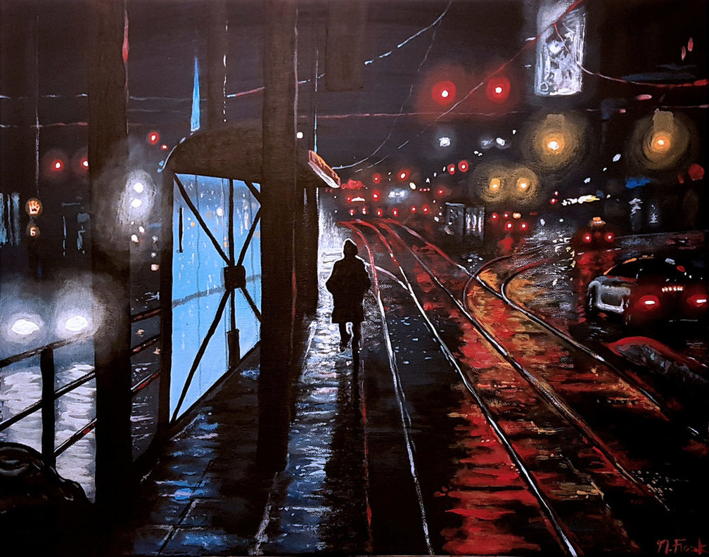 1008x792 Wet City - City At Night Painting