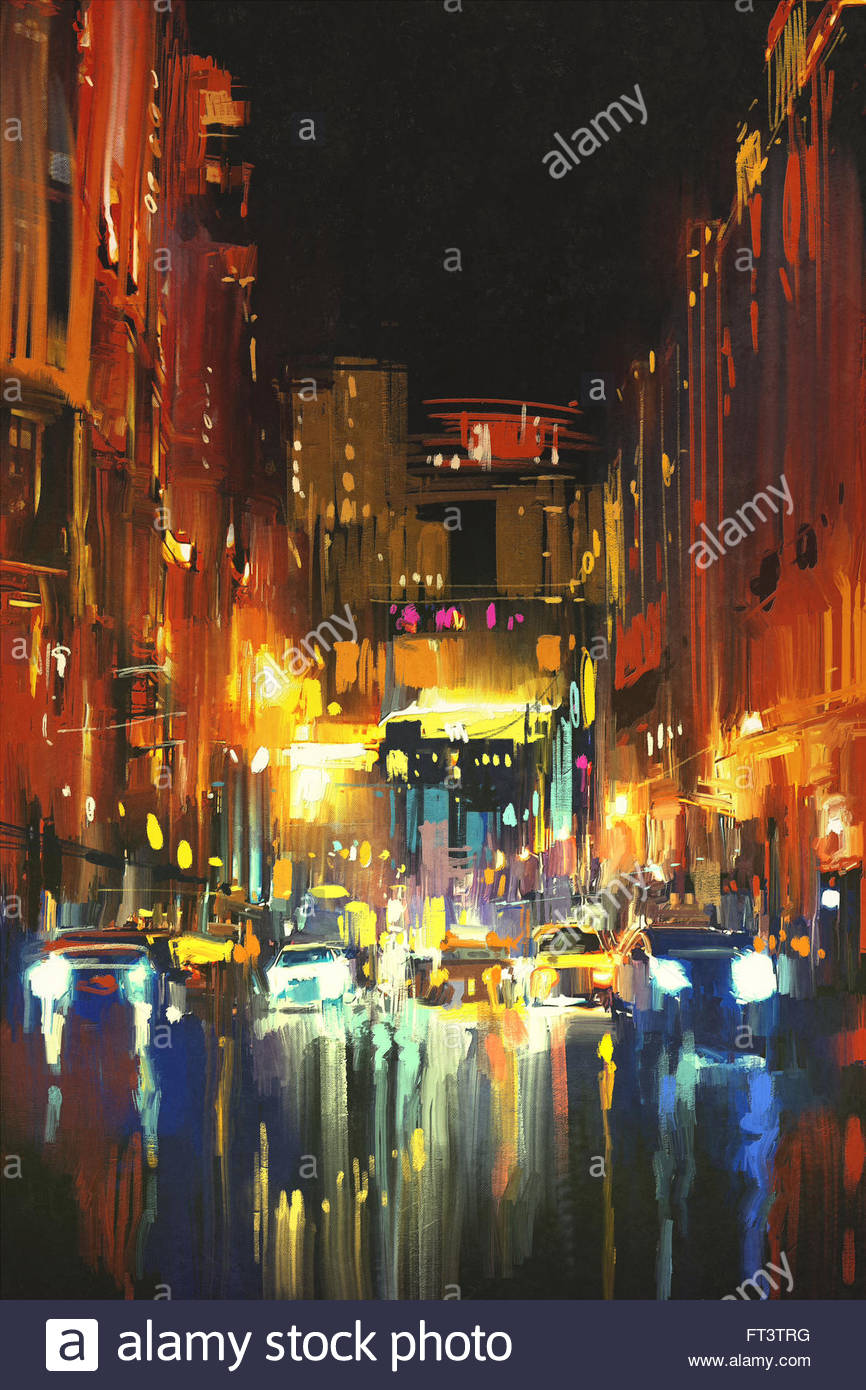 866x1390 Night City In The Rain With Reflections On Wet Street,digital - City At Night Painting