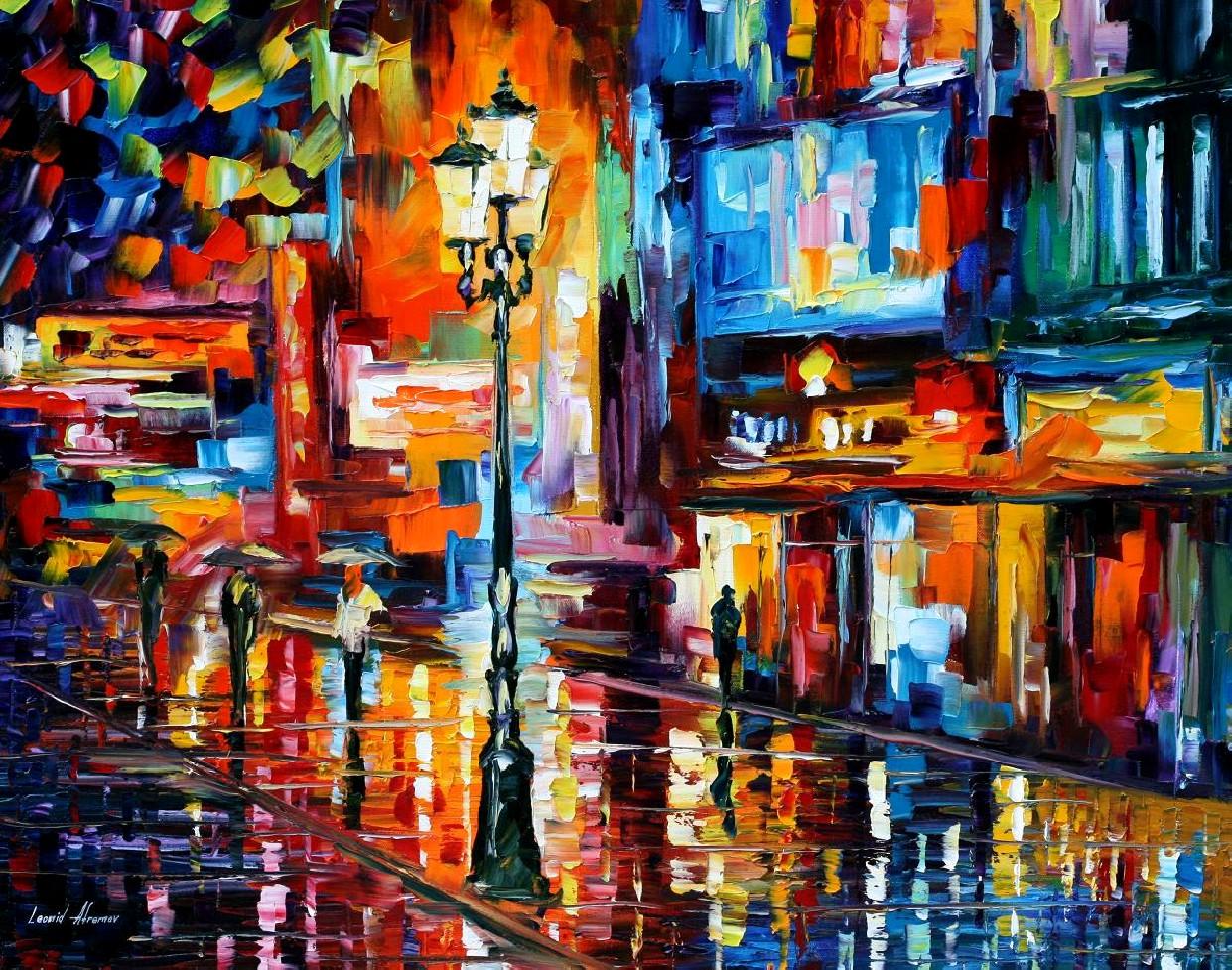 1241x977 Downtown Lights Original Oil Painting On Canvas By Leonid - City By The Lake Painting