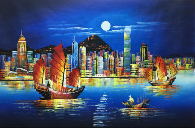 640x423 Hot Sale Hand Painted Modern Knife Canvas Oil Painting Hong Kong - City Landscape Painting