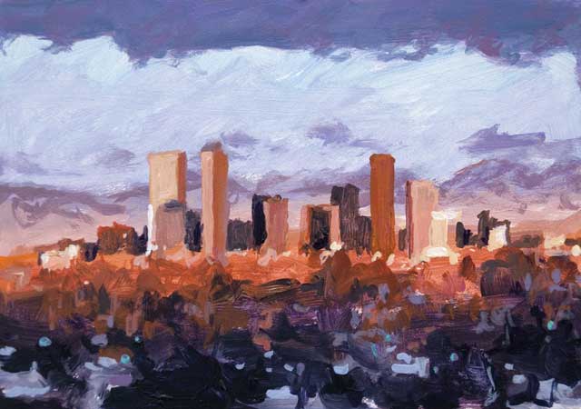 640x450 John K. Harrell Fine Art Early Morning Denver 5 X 7 Acrylic - City Landscape Painting