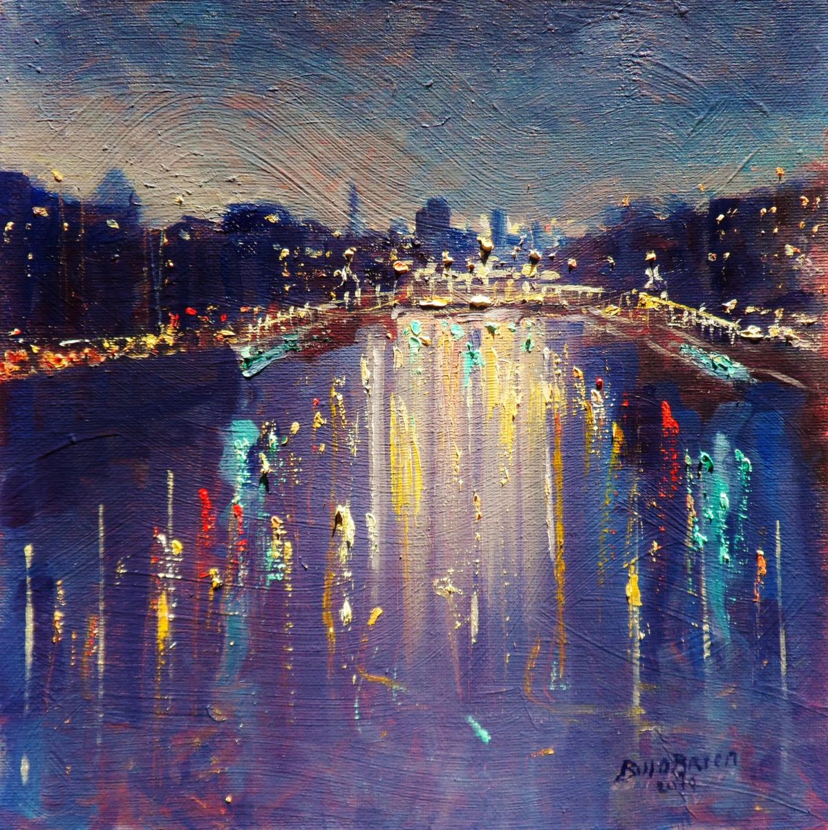 1198x1200 Hapenny Bridge Dublin, City Lights (Bill O'Brien) - City Lights Painting