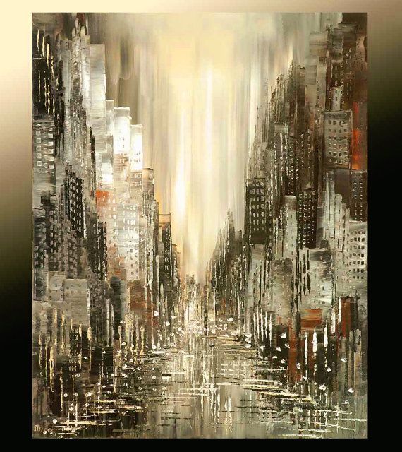 570x640 Cityscape Painting Abstract Skyline Urban City Waterdront Original - City Painting