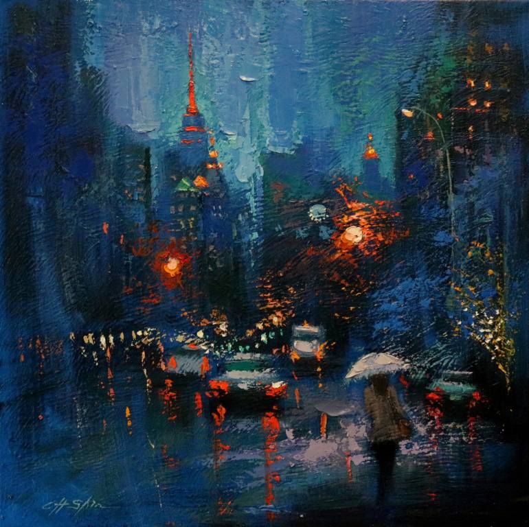 770x768 Saatchi Art Blue Rain And The City Painting By Chin H Shin - City Painting