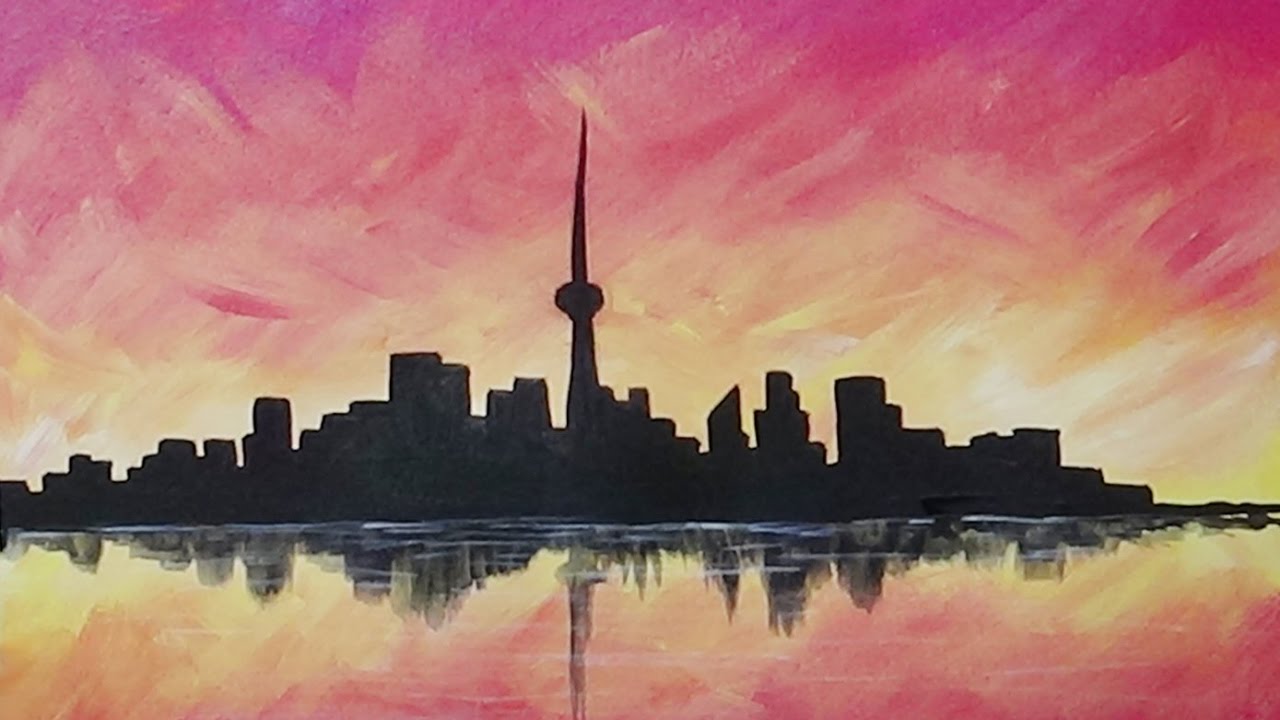 1280x720 Acrylic Painting City Skyline Sunset Silhouette Painting - City Painting