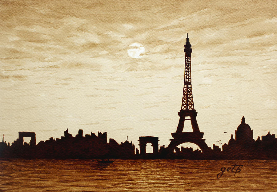 900x626 Paris Under Moonlight Silhouette France Painting By Georgeta Blanaru - City Silhouette Painting