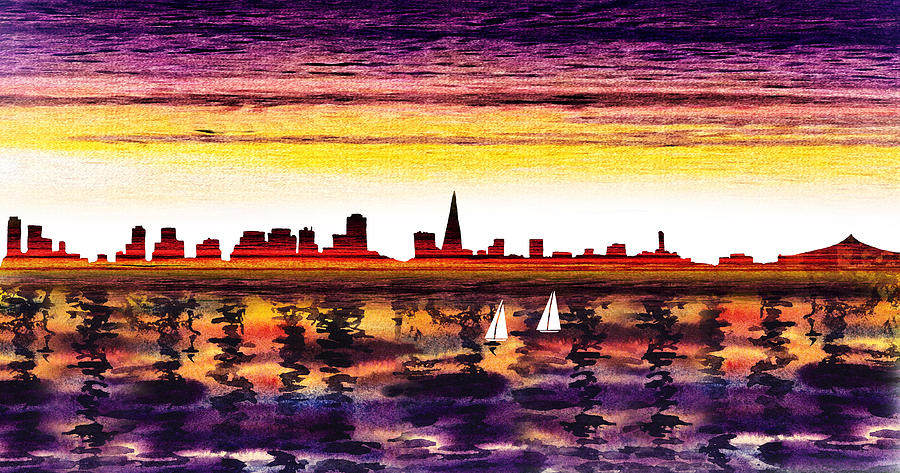 900x473 San Francisco Sunset City Skyline Painting By Irina Sztukowski - City Silhouette Painting