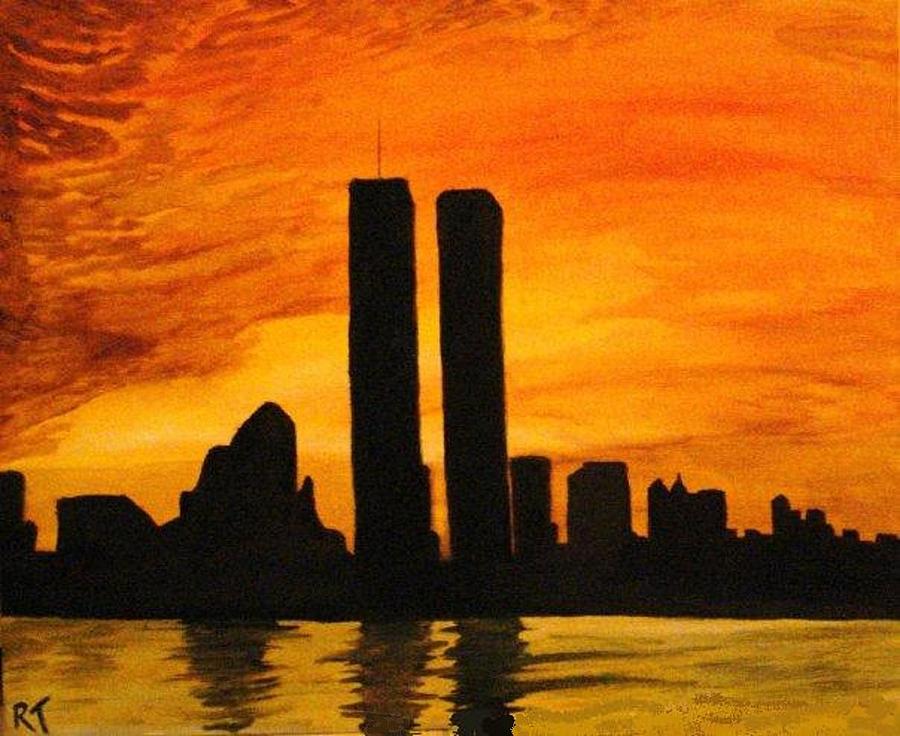 900x736 Twin Towers Silhouette Painting By Rita Tortorelli - City Silhouette Painting