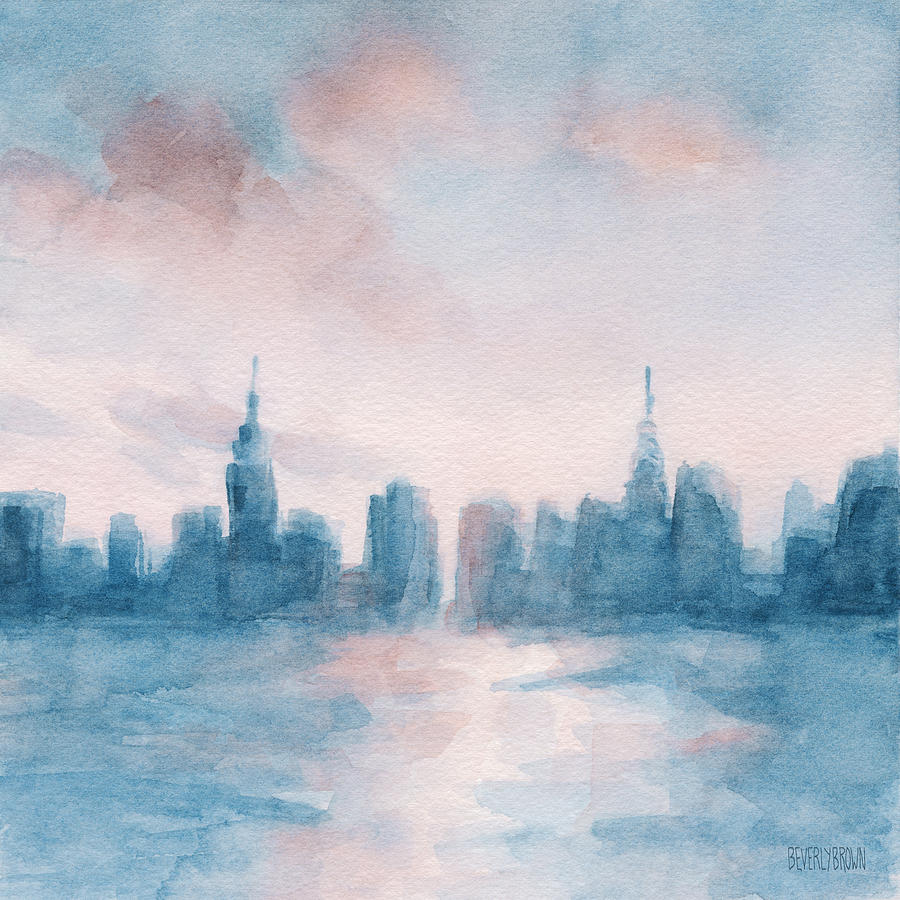 900x900 New York City Skyline Coral And Aqua Painting By Beverly Brown Prints - City Skyline Painting