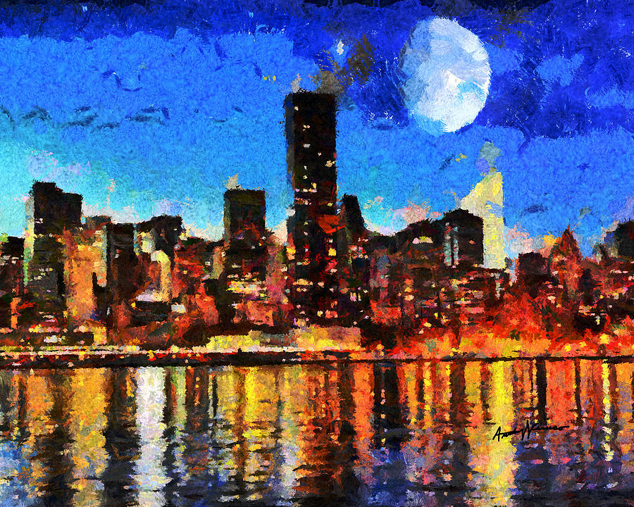 900x720 Nyc Skyline At Night Painting By Anthony Caruso - City Skyline Painting