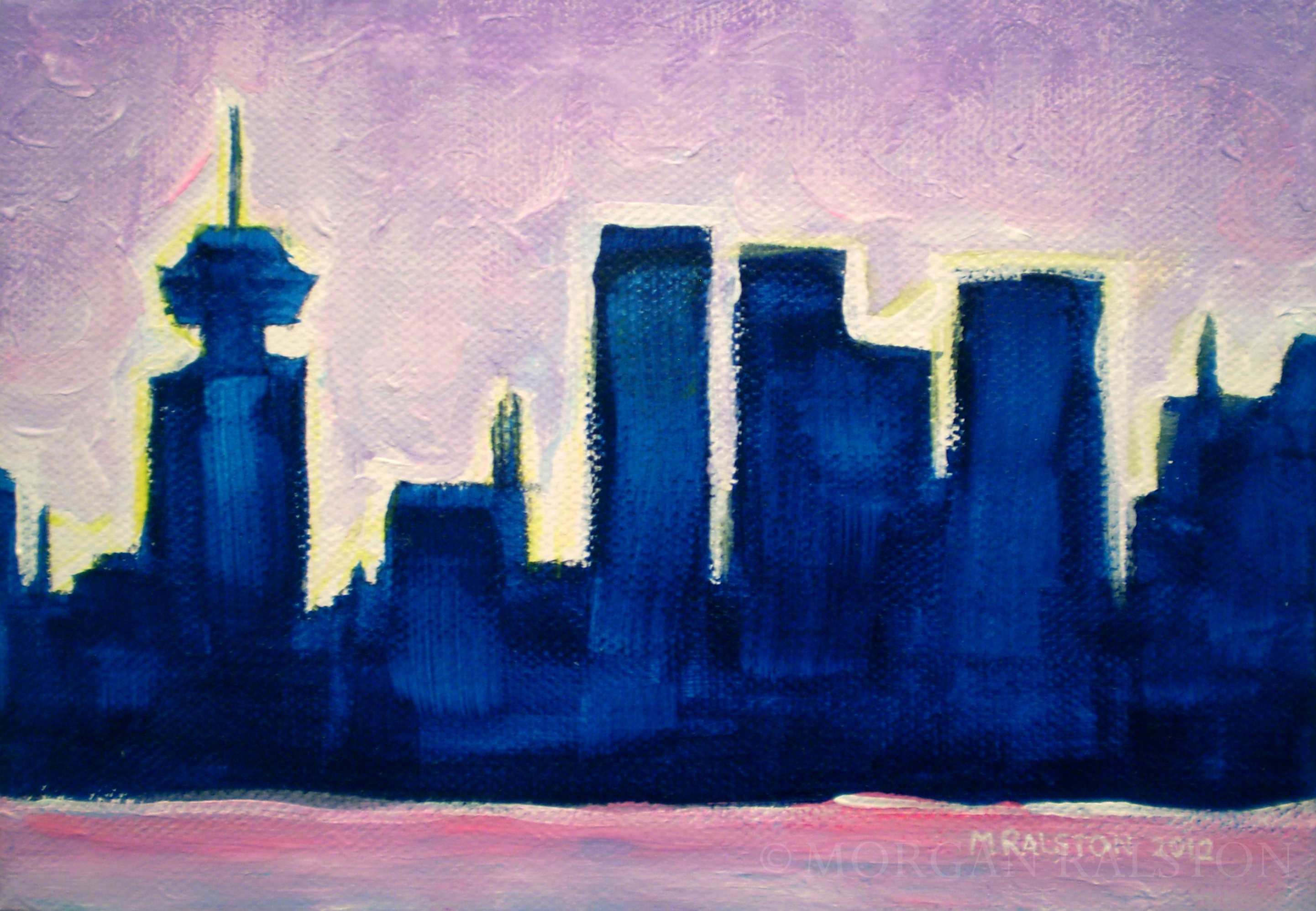 2883x1998 Original Acrylic Painting Sundown Vancouver, 5x7 Colorful City - City Skyline Painting