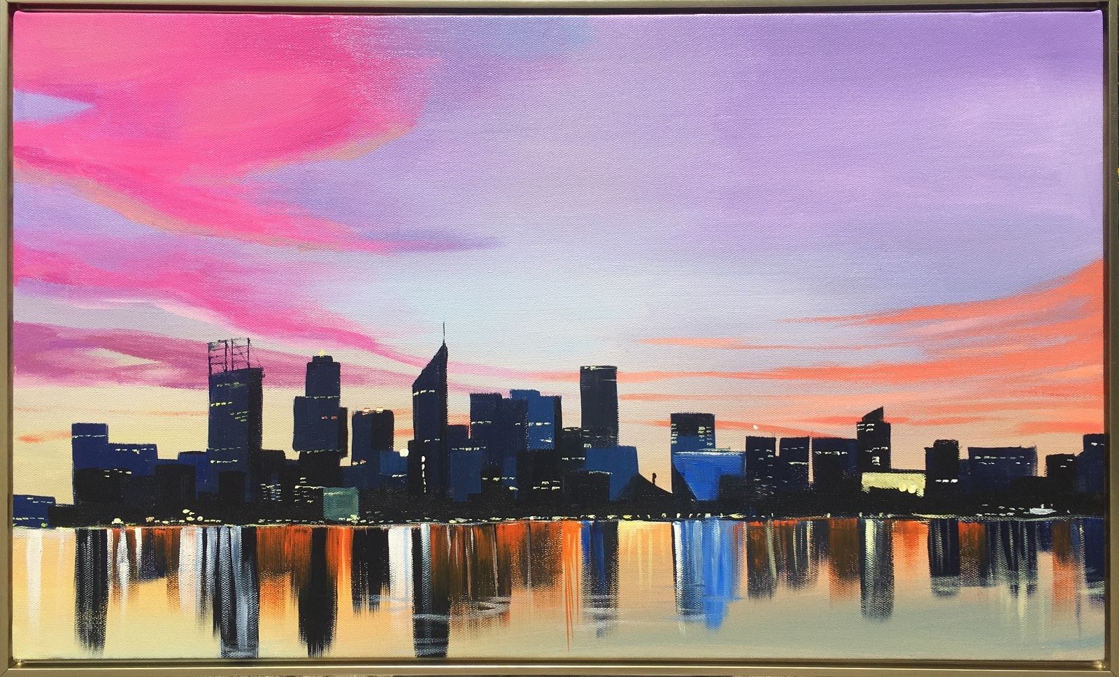 1600x968 Perth City Skyline Sunset Framed Australia Acrylic Hand Painting - City Skyline Painting