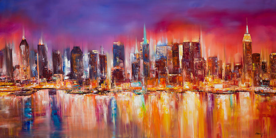 900x450 Vibrant New York City Skyline Painting By Manit - City Skyline Painting