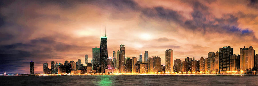 900x300 Chicago Gotham City Skyline Panorama Painting By Christopher Arndt - City Skyline Painting