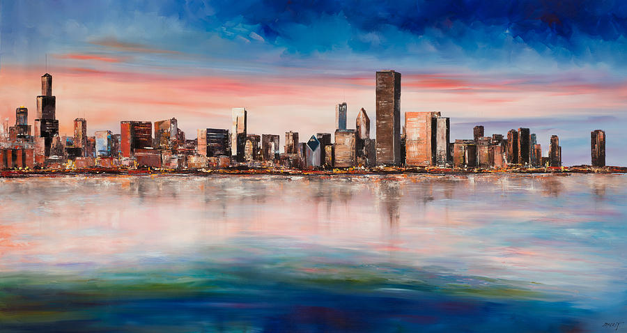 900x478 Chicago Skyline At Dusk Painting By Manit - City Skyline Painting