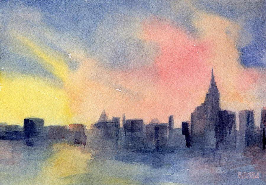 900x626 New York Skyline Empire State Building Pink And Yellow Watercolor - City Watercolor Painting