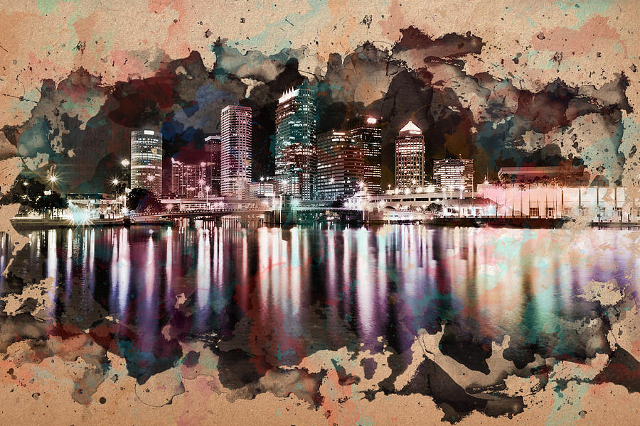 900x600 Night City Reflections Watercolor Painting Painting By Georgeta - City Watercolor Painting