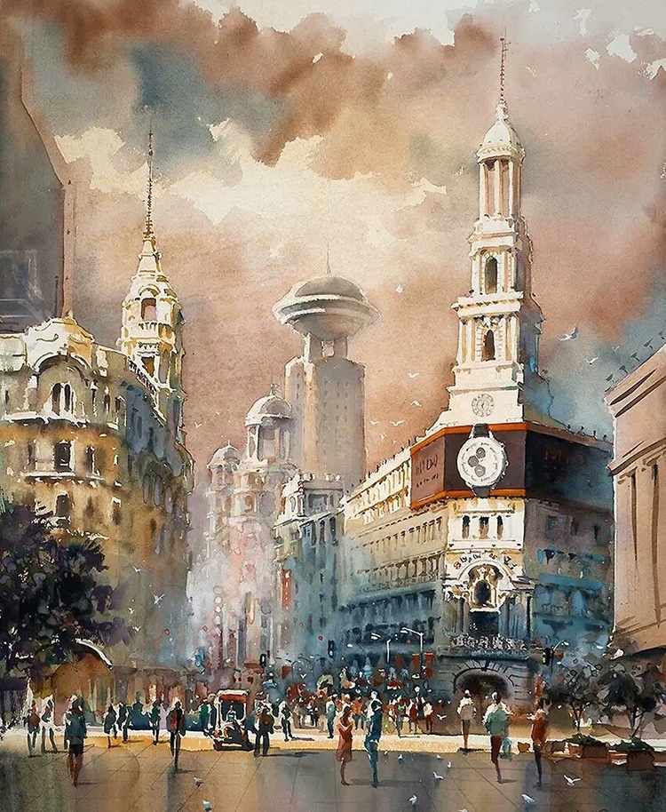 750x914 Artist's Spectacular Watercolor Paintings Illustrate Cities All - City Watercolor Painting