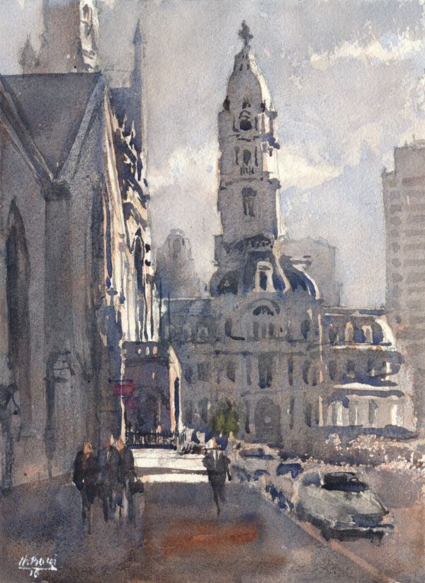 600x822 City Hall Phila Philadelphia Amp Pa Watercolors Hall - City Watercolor Painting