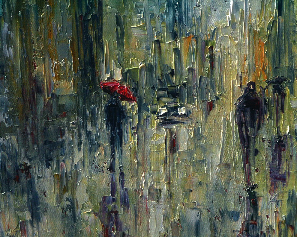 990x792 Cityscape Rainy Street Scene Figurative Oil Painting Art By Debra - Cityscape Oil Painting