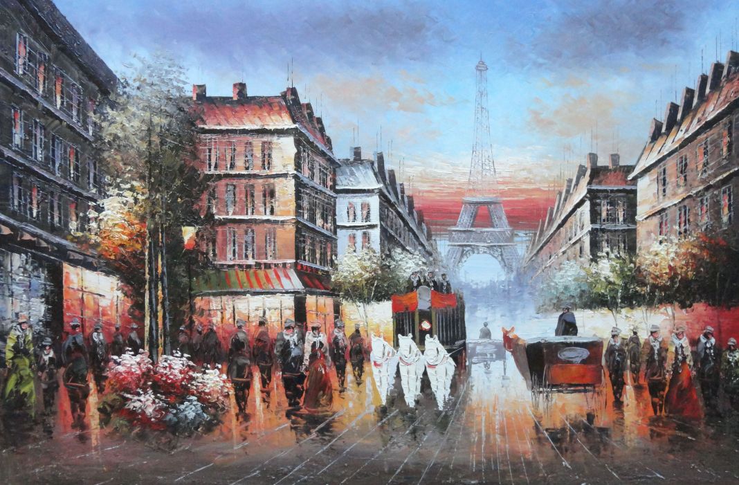 1068x701 A Paris Street Toward Eiffel Tower Oil Painting Cityscape France - Cityscape Oil Painting