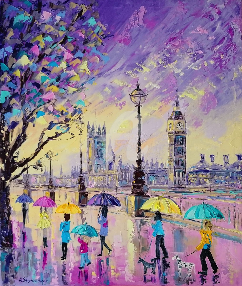 1016x1200 Spring Rain In London Original Cityscape Painting (Alena Shymchonak) - Cityscape Painting