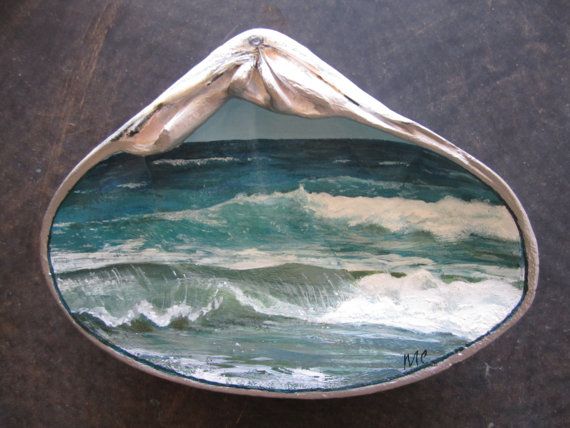 570x428 Ocean Painting, Hand Painted Clam Shell, Waves, Beach Home Decor - Clam Painting