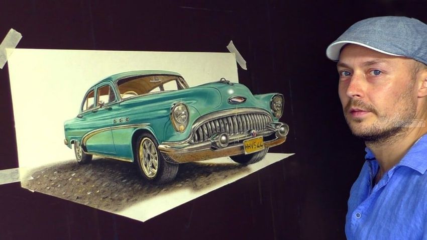 850x478 3d Art Old Cuban Classic Car Painting Architecture,carvings - Classic Car Painting