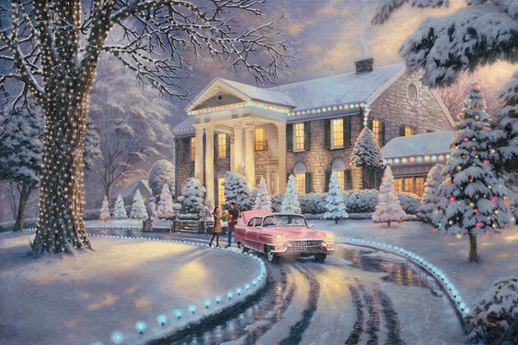 749x500 Classic Thomas Snow Christmas Lights House Scenery Canvas - Classic Christmas Painting
