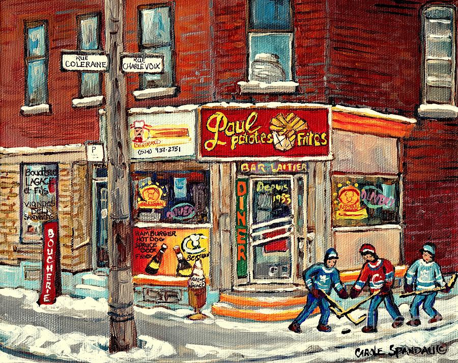 900x715 Classic Corner Diner Montreal Memories Winter City Scene Hockey - Classic Diner Painting