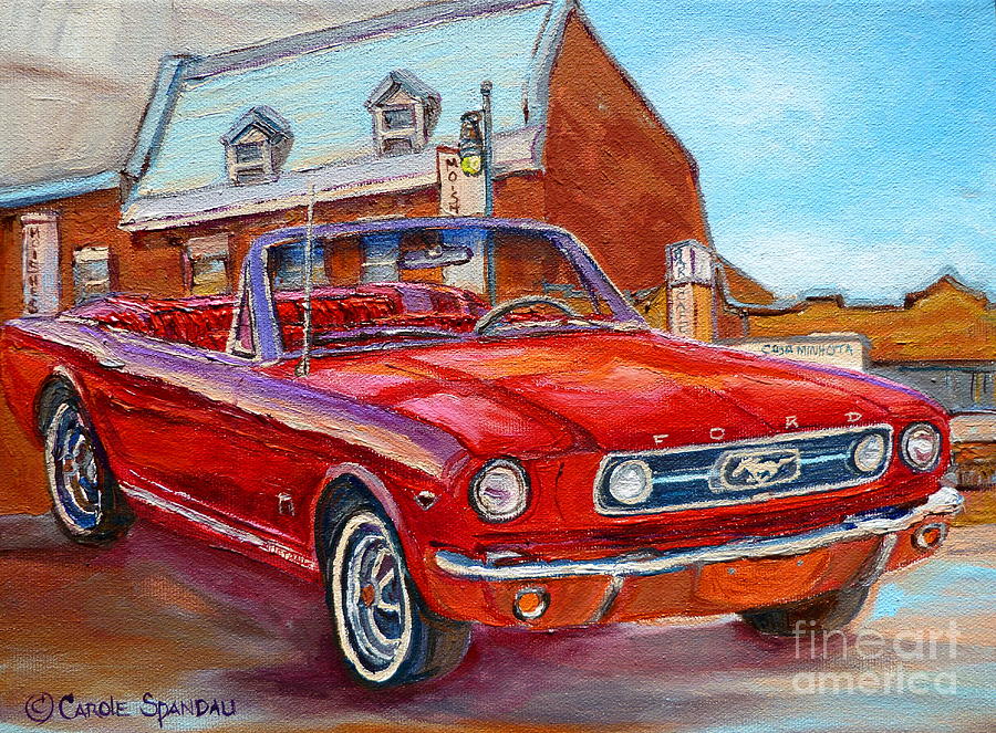 900x663 Vintage Classic Cars Paintings Red Mustang At The Diner Montreal - Classic Diner Painting