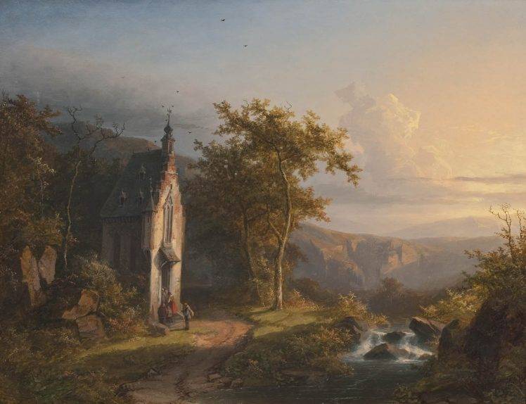 748x574 Painting, Classic Art, Waterfall, Stream, Church, Dirt Road - Classic Landscape Painting