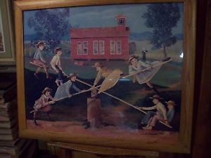300x225 Grande Assinado Folk Art Pastel Schoolhouse Ver Vi Por Claude - Claude Schneider Painting
