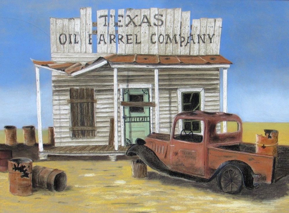1000x739 Claude Schneider, Original Pastel, Old Truck Rural Setting Texas - Claude Schneider Painting