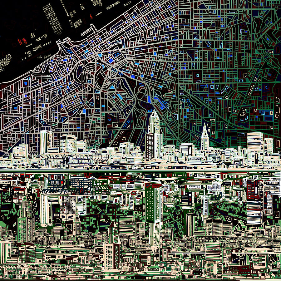 900x900 Cleveland Skyline Abstract 4 Painting By Bekim Art - Cleveland Skyline Painting