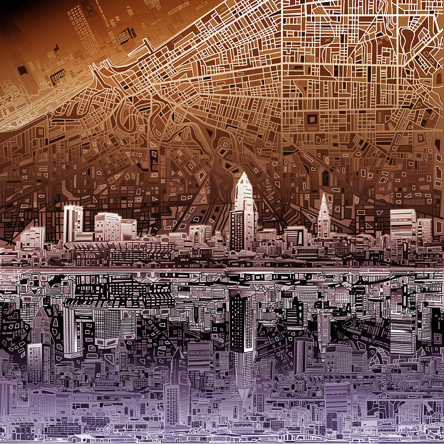 900x900 Cleveland Skyline Abstract 2 Painting By Bekim Art - Cleveland Skyline Painting