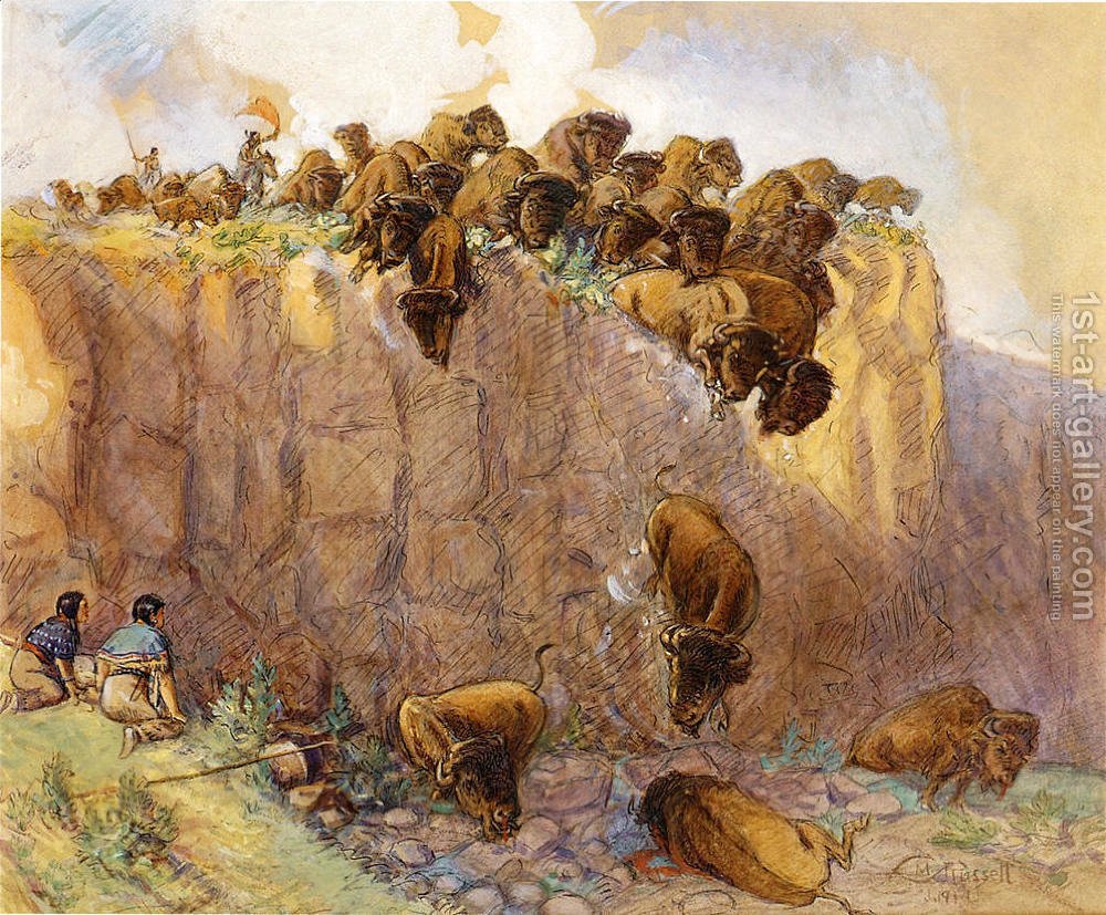 1000x827 Driving Buffalo Over The Cliff Charles Marion Russell Reproduction - Cliff Painting