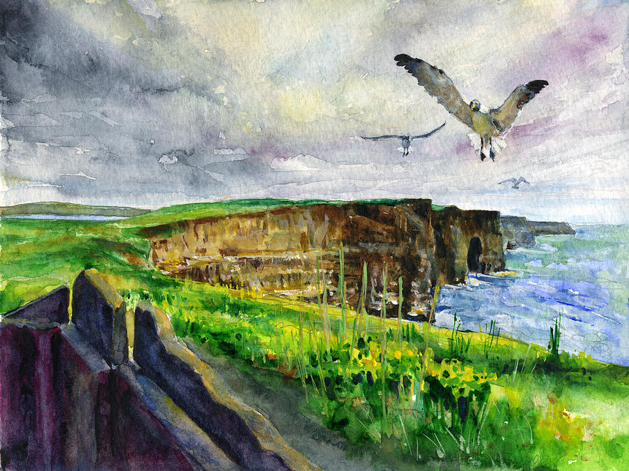 900x675 Seagulls At The Cliffs Of Moher Painting By John D Benson - Cliffs Of Moher Painting