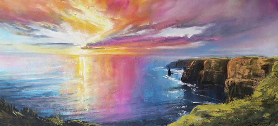 900x409 Cliffs Of Moher Sunset Pastel By Roman Burgan - Cliffs Of Moher Painting
