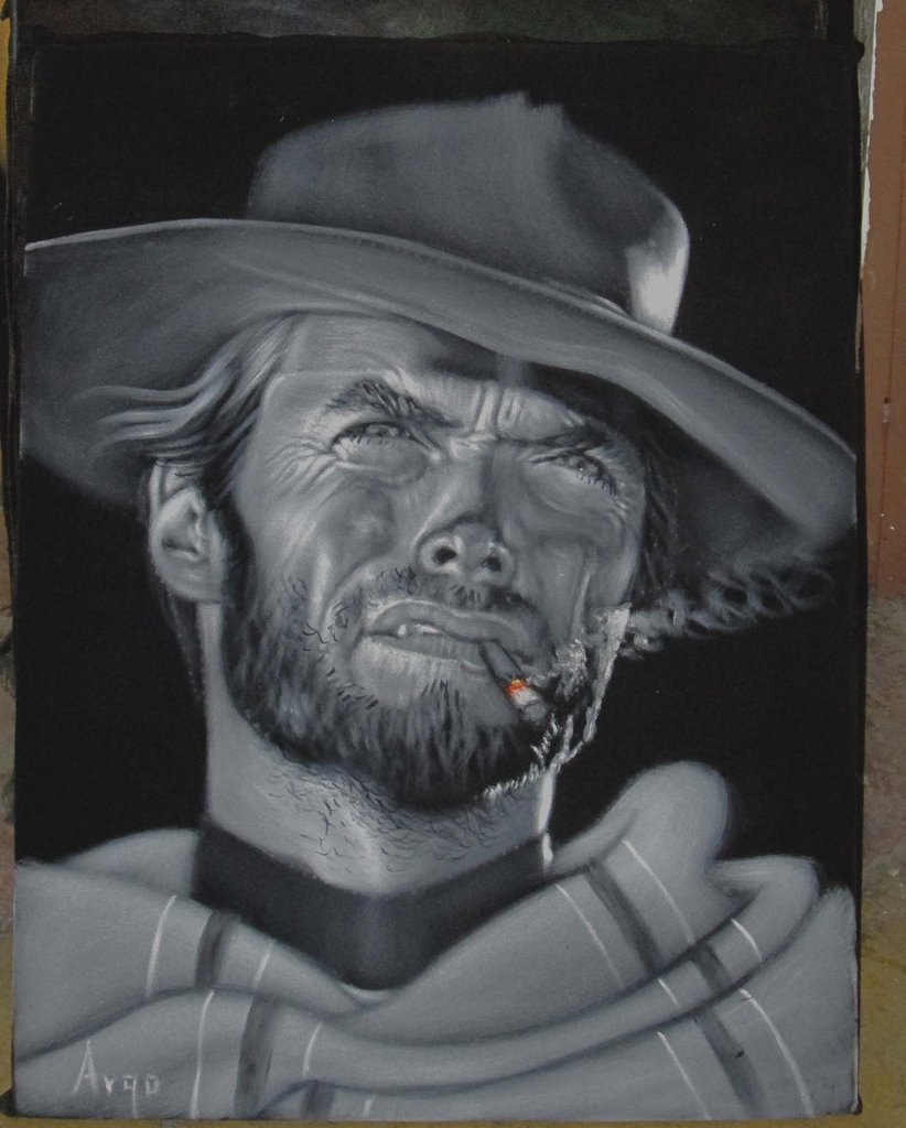 822x1024 Clint Eastwood Spaghetti Western, Original Oil Painting On Black - Clint Eastwood Painting