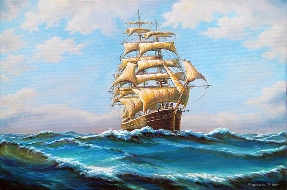 570x378 Large Ship Painting Original Oil Painting Sailing Ship - Clipper Ship Painting