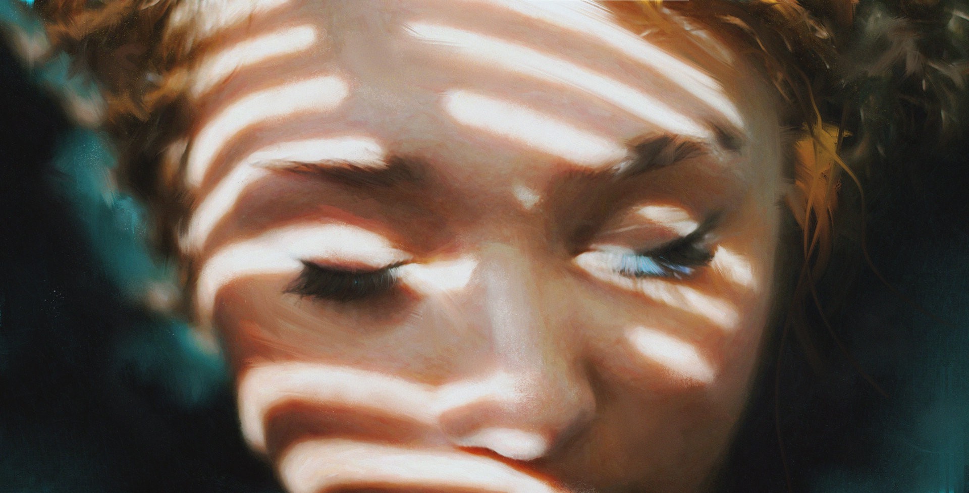 1920x977 Wallpaper Face, Painting, Women, Portrait, Closed Eyes - Closed Eyes Painting