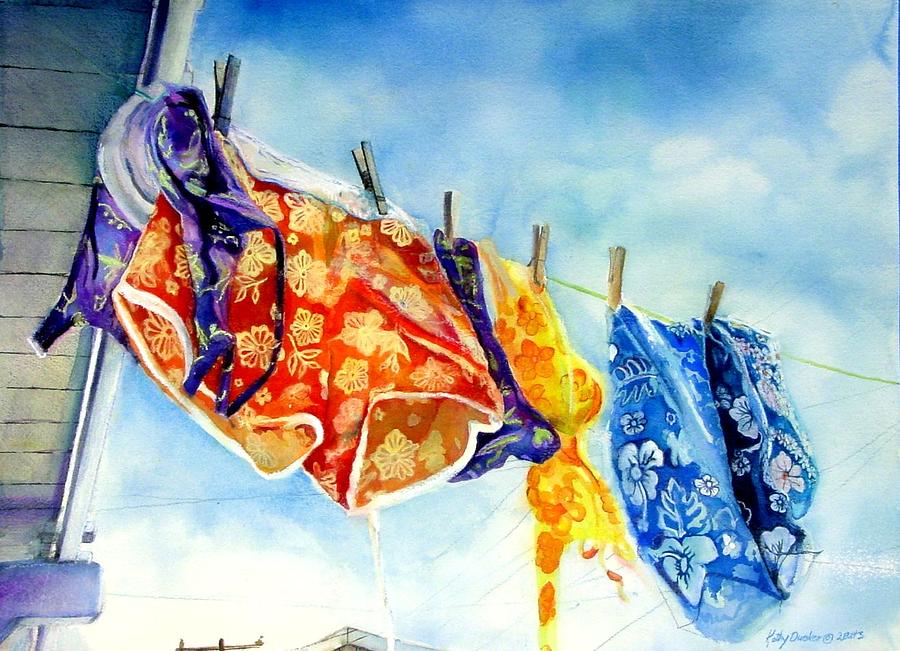 900x651 Swimsuits On Clothesline Painting By Kathy Dueker - Clothesline Painting